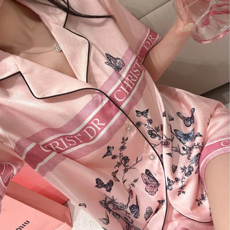 

2025 Pink Butterfly Flower Spring Summer Pajamas Women Ice Silk Two Piece Set Short Sleeve Pants Nightgown Sleepwear Nightwear