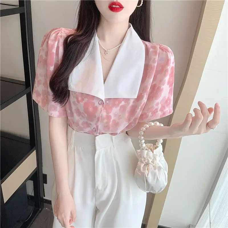 Women's Summer Fashion Simplicity Turn-down Collar Floral Chiffon Shirts Women Clothes Casual All-match Elegant Temperament Tops