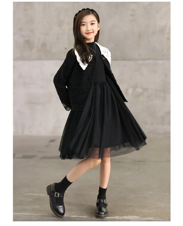 Girls Dress 2024 Spring and Autumn New Base Pompadour Gauze Skirt Large Child Princess Skirt Long-sleeved Children Dress