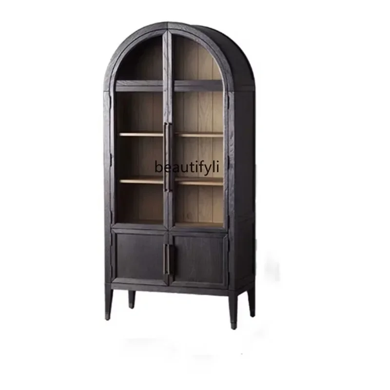 

American Arch Solid Wood Bookcase French Retro Glass Door Wine Cabinet Locker Nordic Sideboard Cabinet Black Display Cabinet