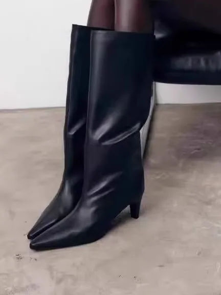 ZAKQ2025 Winter New Women's Boots Black Pointed Toe Thick Heel Straight Long Boots Long Tube Knight Boots Women Fashion Boots