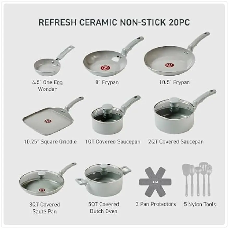Ceramic Pots Pans Set 20 Piece Nonstick Cookware Set Stockpot Griddle Frying Pans Utensils Moon Grey