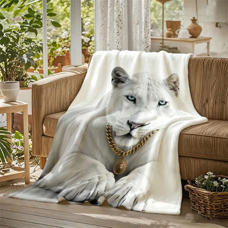 White Lioness Gold Chain Flannel Blanket Perfect for Sofa Office Bed Travel Sleep Read Relax Camping Four Season Use