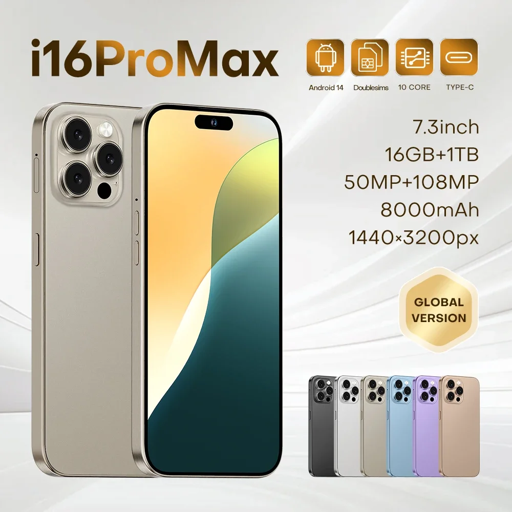 للهواتف الذكية 2025 16 Pro Max 5G WiFi ثنائي الشريحة الهواتف المحمولة 7.3 بوصة HD 16GB + 1T 8000mAh Celulares الهواتف المحمولة العالمية 10 Core