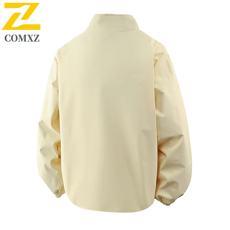 سترة رجالية كاجوال بياقة واقفة من COMXZ سترات ركوب الدراجات النارية مقاومة للرياح لون نقي معطف خريفي مريح حضري #3