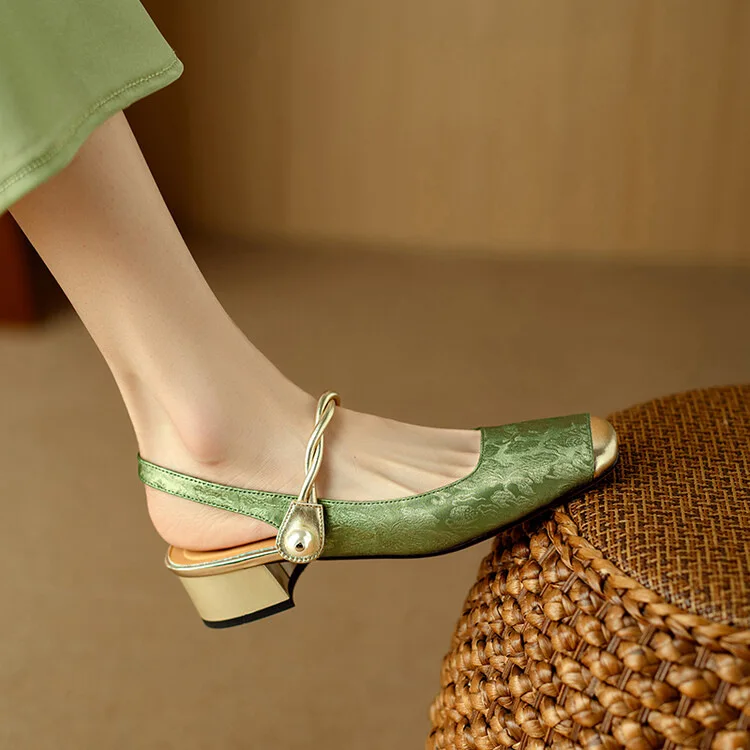 2024 Chinese Retro Style Green Silk Soft Leather Satin Hollow out Square Toe High Heels Chunky Heel Mid Heel New