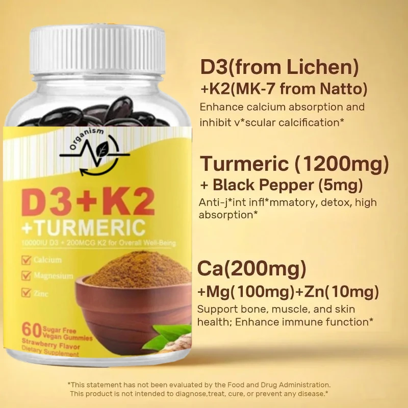 

Bone Health And Immunity Support Gummies - Turmeric Vitamin D3 K2 with Calcium Magnesium Zinc And Piperine for Adults