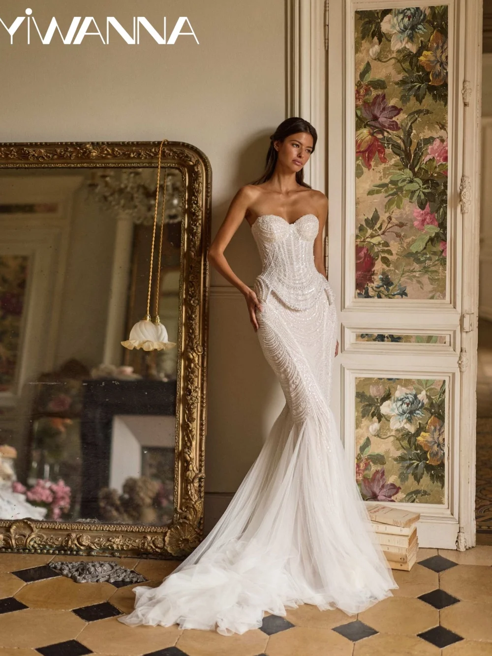 ชุดแต่งงานทรงเมอร์เมดประดับมุกหรูหรา คอร์เซ็ท คอวีลึก แขนยาว  ชุดเจ้าสาวสั่งตัดพิเศษ ดีไซน์มีเสน่ห์สำหรับเจ้าสาว