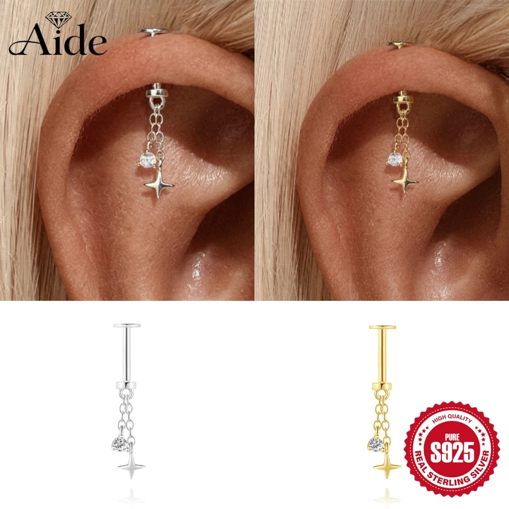 AIDE 925 Sterling Silver Glossy Star Chain Tassel Women's Vertical Spiral Piercing Ear Bone Nail Dainty Party Gifts
