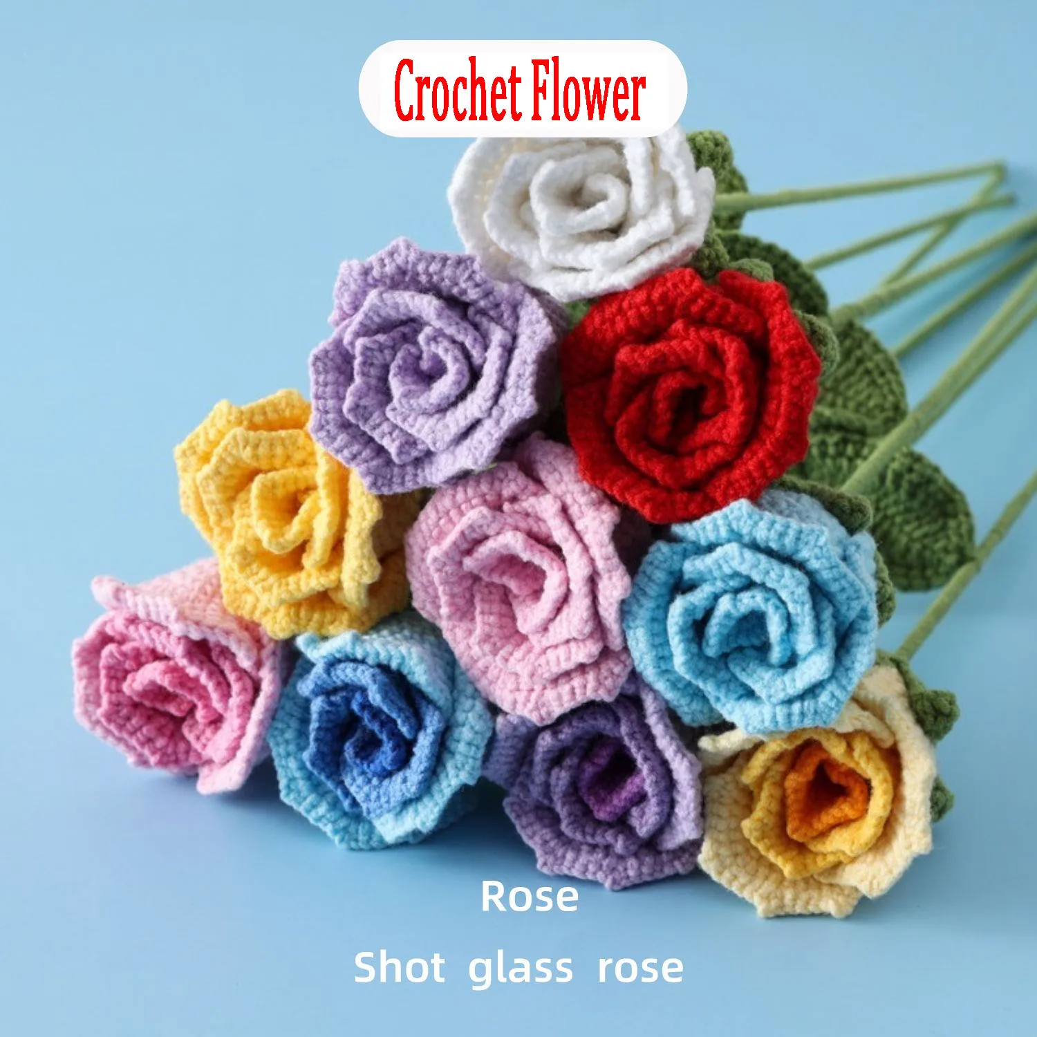 Crochet Flower Christmas New Pure Handmade Hooked Sheffield Thread Small Wine Glass Rose Branch Gift Artificial Flower