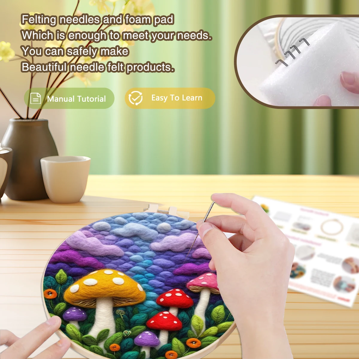 Mushroom Wool Felting Painting Kit Needles Tool With Felting Needles Tool Foam Felt Cloth With Embroidery Frame Diy Gift