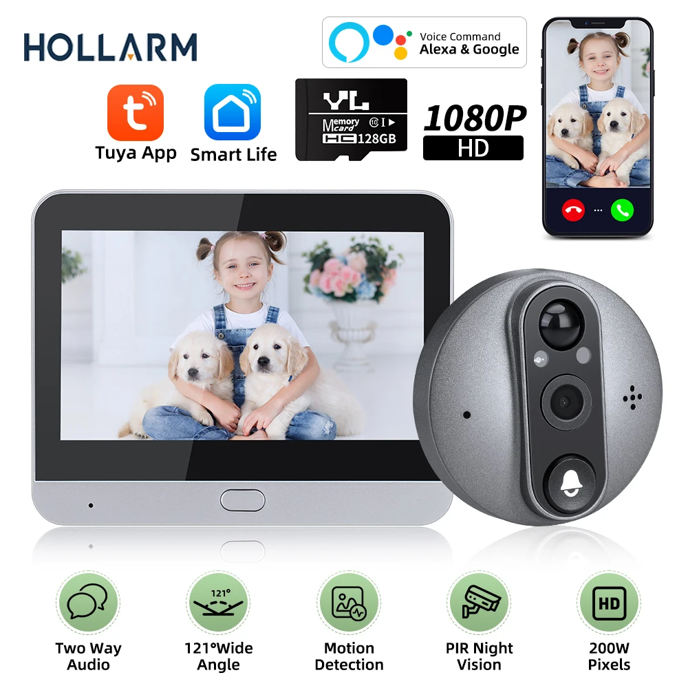 Hollarm 4.3 pollici Tuya Smart Wifi Video spioncino Audio bidirezionale visione notturna campanello Monitor 1080P 200W pixel campanello Video