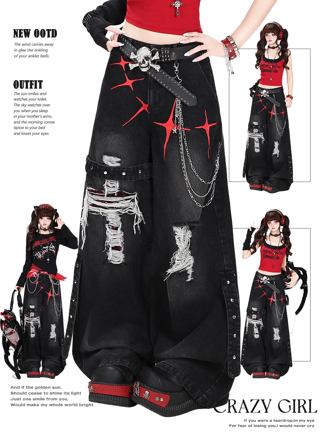 Crazygirl Original Street Dance Subculture Vintage Ripped Loose Wide Leg Workwear Jeans Women's Original Style Faded Jeans