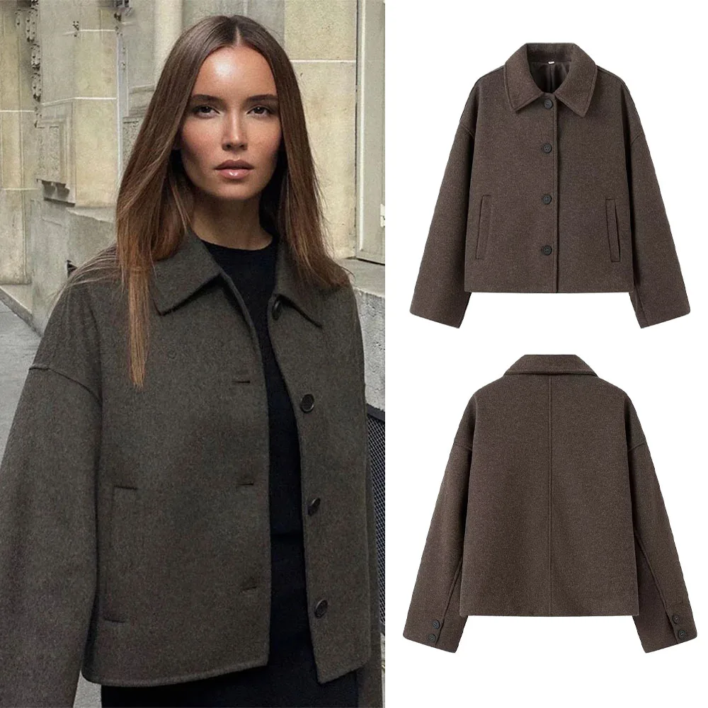 Woolen Women's Jacket Elegant Loose Long Sleeve Turndown Single Breasted Female Overcoat 2024 Winter Fashion Casual Lady Coat