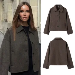 Wełniana kurtka damska Elegancki, luźny płaszcz damski z długim rękawem i pojedynczym biustem 2024 Zimowa moda Casual Lady Coat