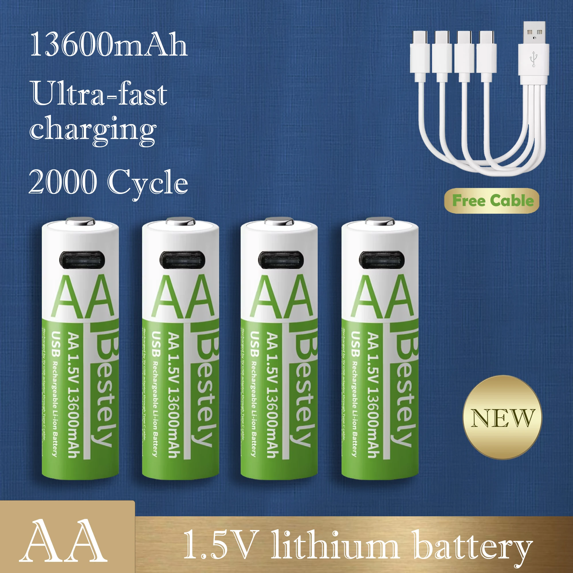 AA rechargeable lithium battery 1.5V 13600mAh large capacity constant voltage USB fast charging controller mouse specific