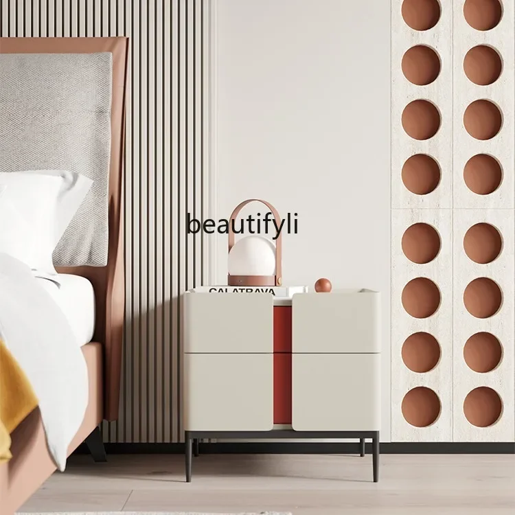 D178 Italian Minimalist Rock Board Modern Minimalist Color Matching Bedside Storage Cabinet Bedroom Painted Bedside Cabinet
