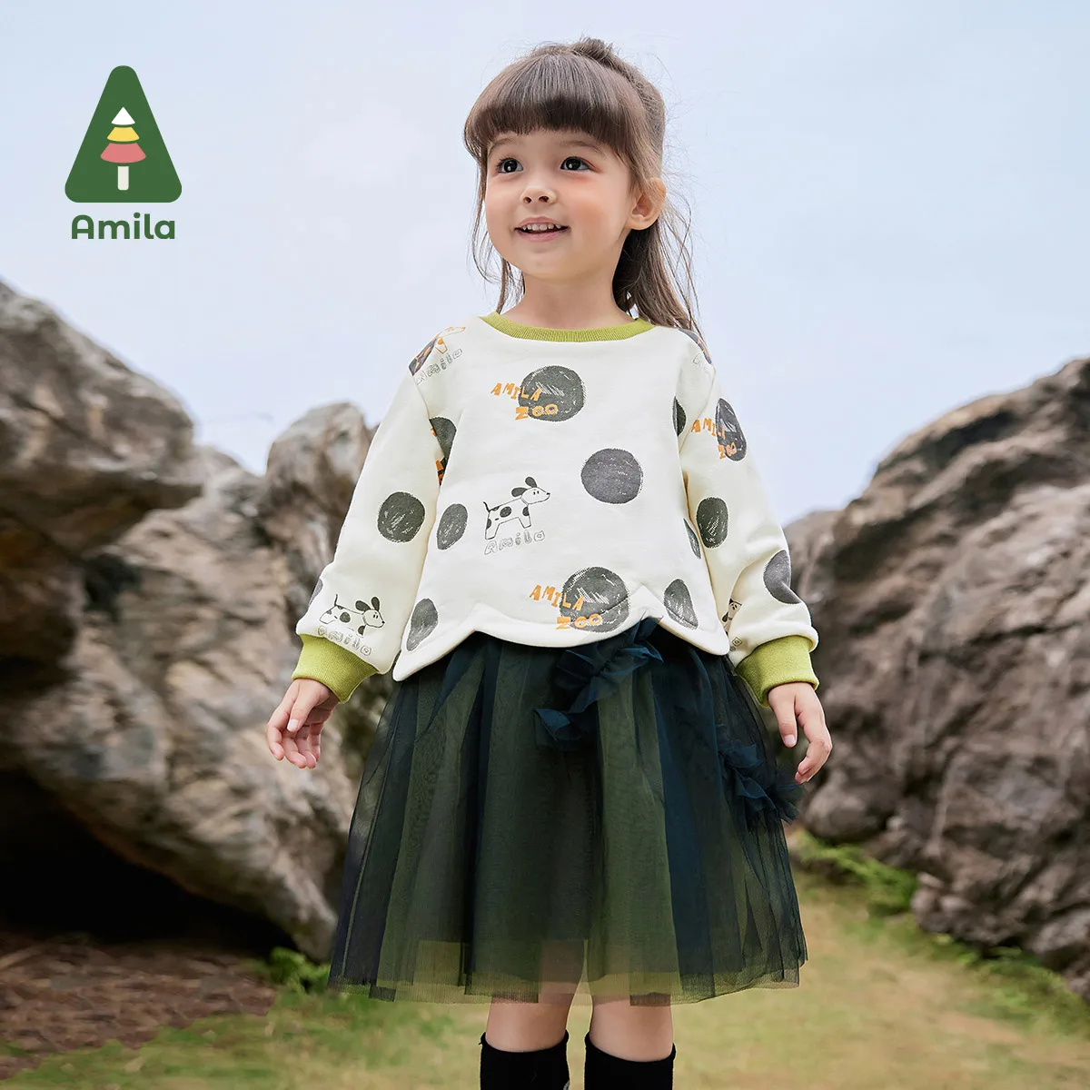 Amila Baby Dress 2024 Autumn New Girls Original Fake Two-Piece Round Neck Polka Dot Top Contrast Color Children’S Gauze Skirt