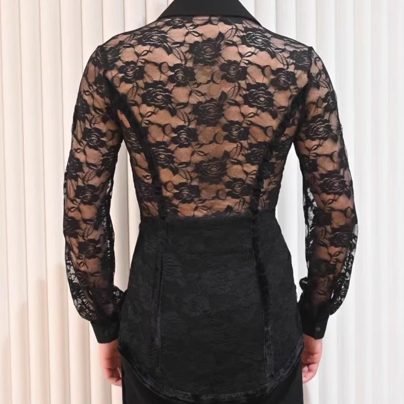 2024 Latin Dance Tops For Men Lace Long Sleeved Shirts Chacha Rumba Tango Training Clothes Latin Dance Competition Wear DQS15500