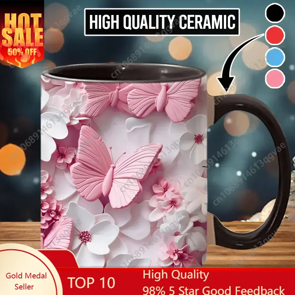

Pink Butterfly Coffee Mug Beautiful Butterfly Printed Mug Gift 11 Oz Ceramic Mugs Beverage Cup / Water Cups