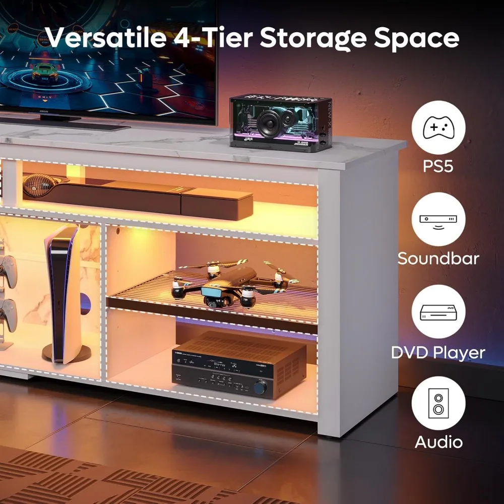 حامل تلفزيون LED بطول 75 بوصة، وحدة تحكم ألعاب لتخزين الرف قابلة للتعديل لمركز الترفيه لأجهزة PS5 وXbox والمزيد