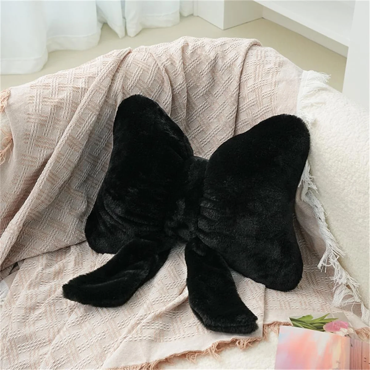 Bow Pillow Bow Shape Pillow, Soft Bow Waist Pillow, Home Car Back Cushion Sofa Bed Office Car Decoration Black