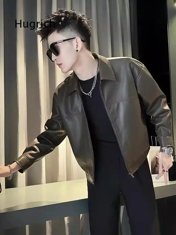 Mens Faux Leather Biker Jacket For Autumn And Winter Lapel Collar Simple Short Style Outerwear Coat With Luxury Texture For Dai