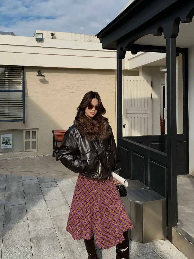 【MAR】Women's Autumn Winter Retro Wool Plaid A-Line Woolen Skirt Winter Skirt