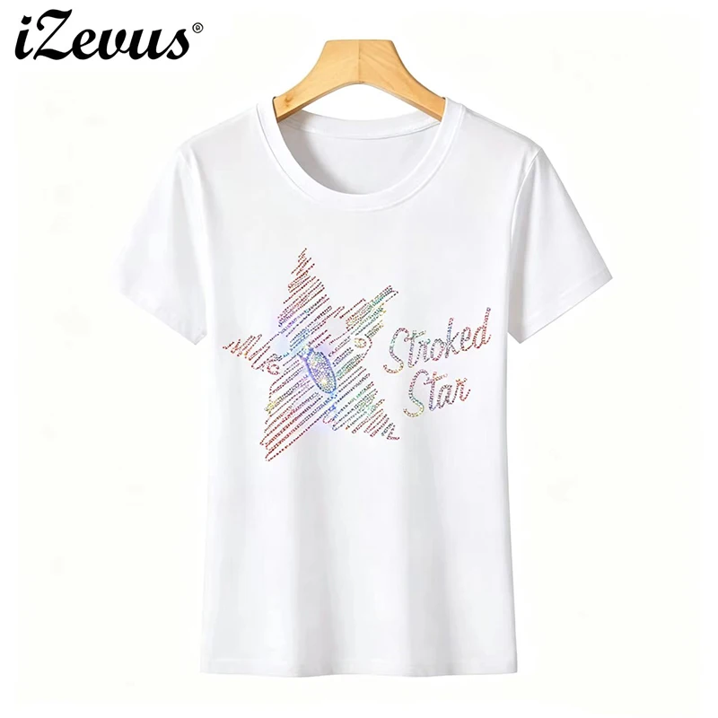 IZEVUS Creative Star Women's Short-Sleeved T-Shirt High-Quality Diamond Flash Series Leisure Top for Ladies