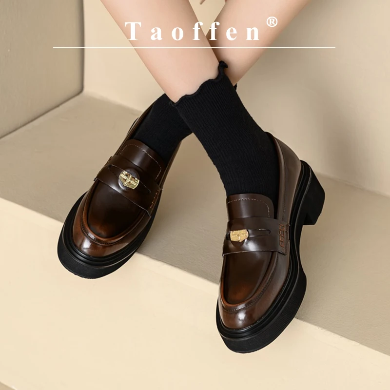 Taoffen Retro Loafers For Women Genuine Leather Square Heel Metal Decoration Pumps Casual Round Toe Slip-On Office Lady Shoes