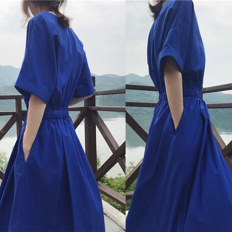 Klein Blue ort Sve Long Dr Women Summer plus Size Ultra Long Faionable Waist Cinching Korean Sle V-Ne A-Line Dr