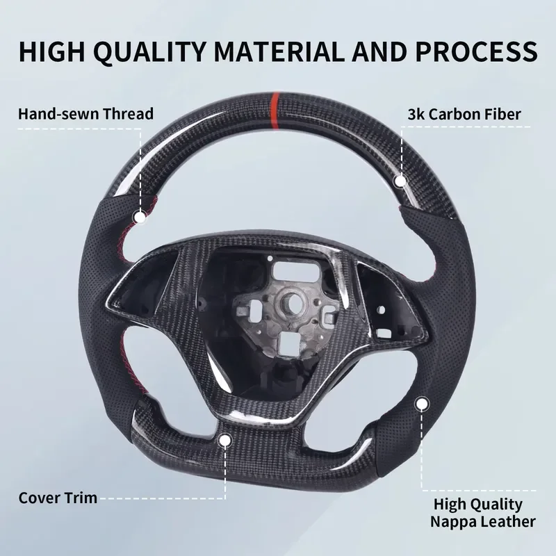 Carbon Fiber Steering Wheel for Corvette C7 2014-2018, D-Shape Flat Bottom Nappa Perforated Leather Grip with Trim