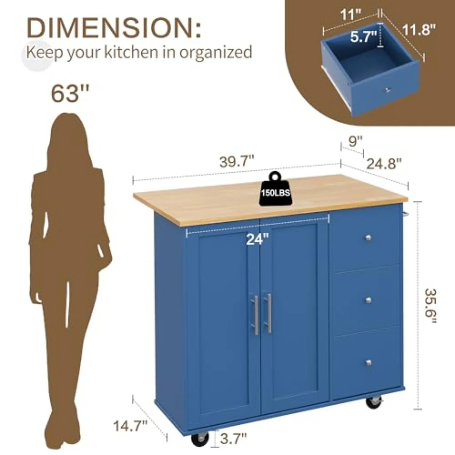 Kitchen Island on Wheels with Storage Cabinet & Foldable Drop Leaf, Rolling Kitchen Table, Cart Handle for Towel Rack