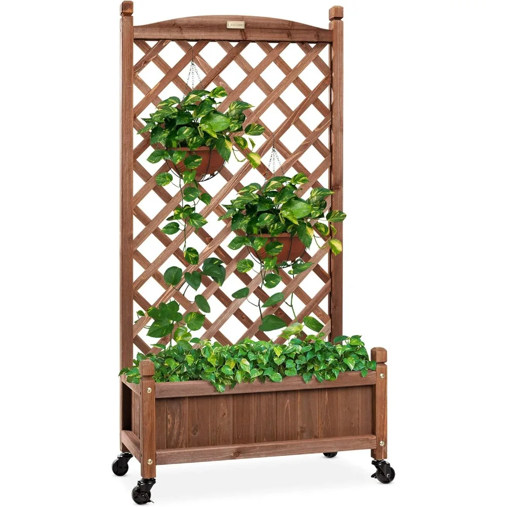 60in Wood Planter Box & Diamond Lattice Trellis, Mobile Outdoor Raised Garden Bed for Climbing Plants w/Drainage Holes,