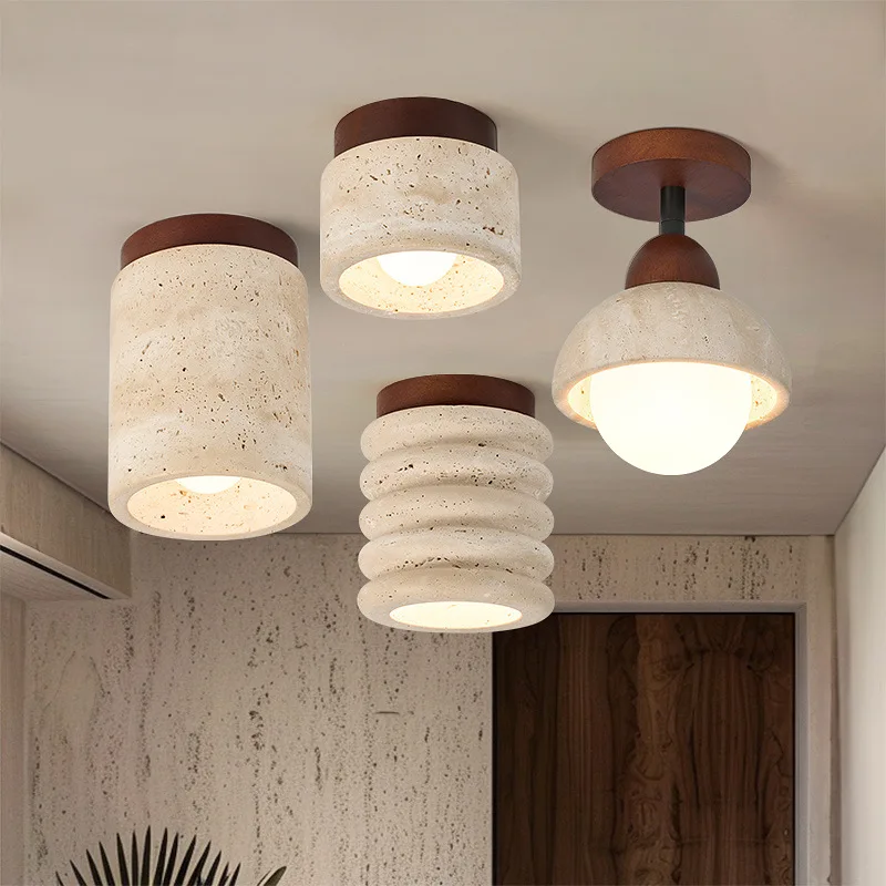 Yellow Travertine Natural Stone Vintage Wabi Sabi Cream Minimalist Hallway Corridor Entryway Foyer Home LED Ceiling Lamp