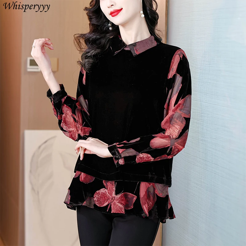 Women's Shirt Spring Autumn Fashion Printed Velvet Splicing Fake Two-piece Blouse Femme Casual Long Sleeve Pullover Tops