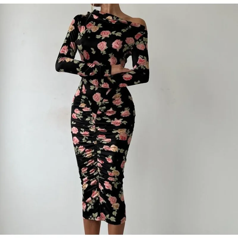 

French Style Is Beautiful and Pure, Classical Artist Floral Pleated Slanted Shoulder Long-sleeved Dress Women's Autumn