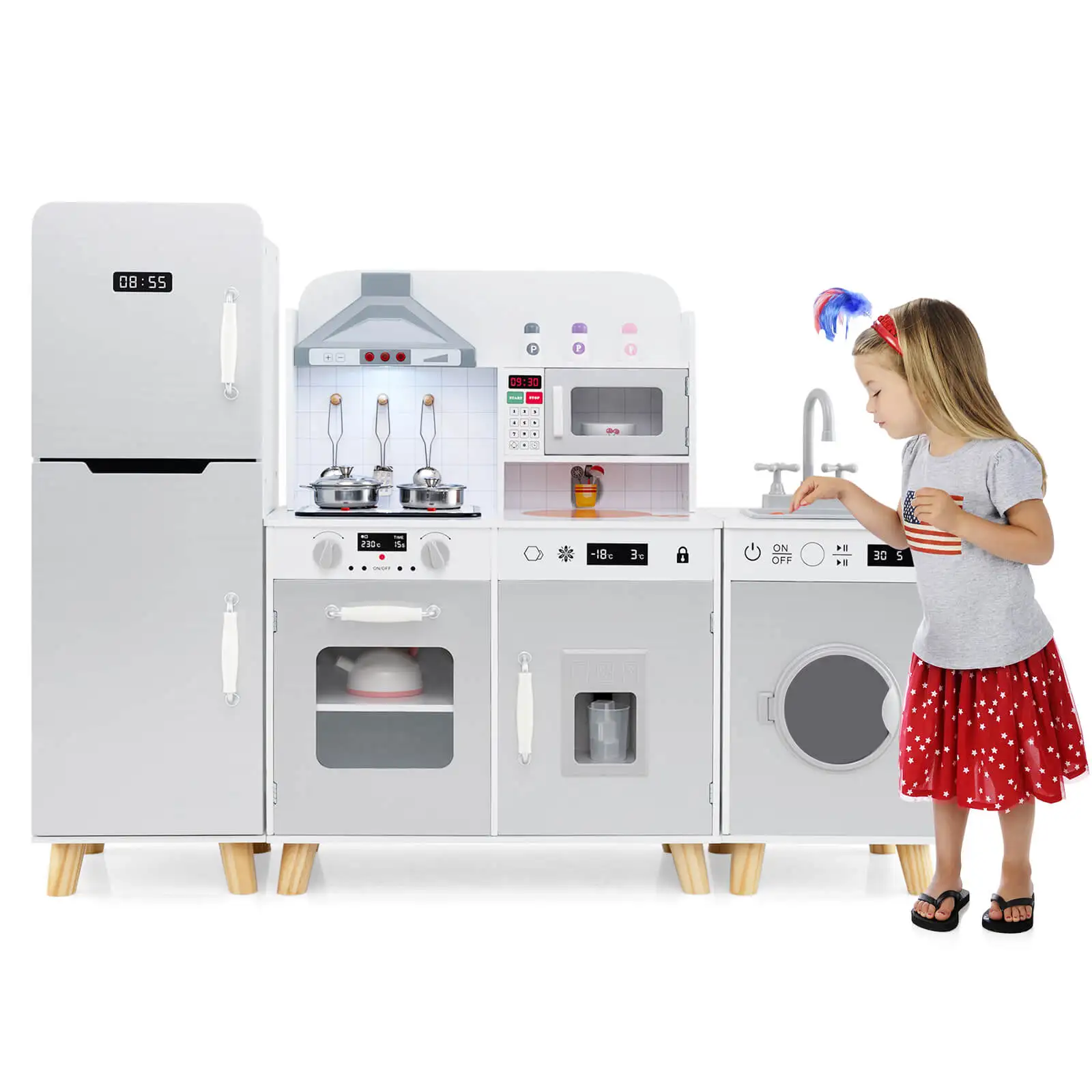 Cozinha Toy Set com geladeira, máquina de lavar roupa, Ice Maker Fogões, 3 em 1