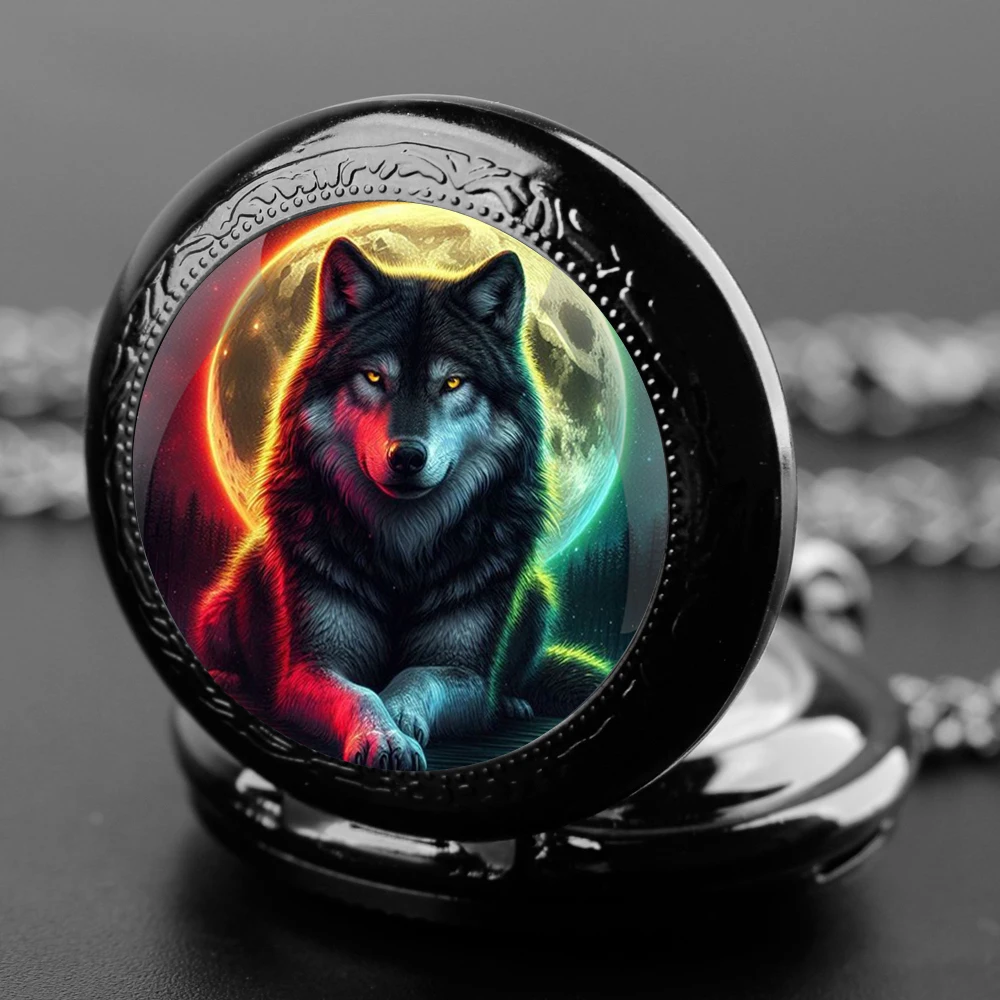 Vintage coole Wolf Glas römische Ziffern Uhr Halskette Quarz Taschenuhren Geschenke für Frauen Männer Halskette Schmuck Geburtstagsgeschenke