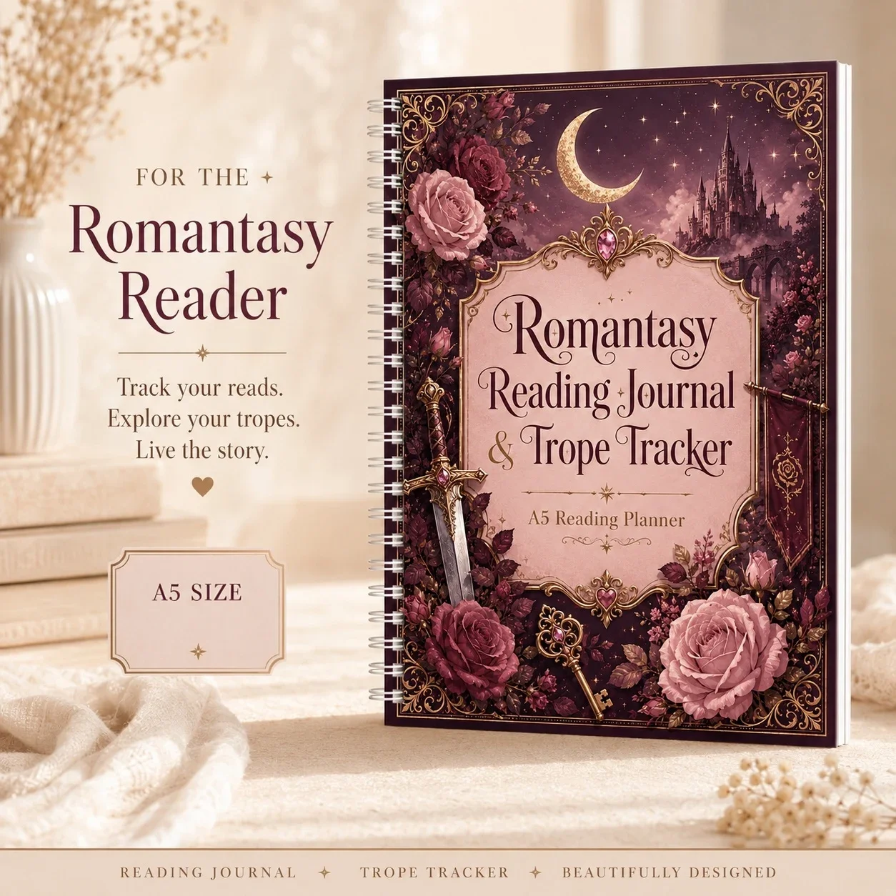 A5 Romantasy Reading Journal Notebook Planner, Romance Book Planner for Readers, Character Notes, Book Reviews, and Quote Log
