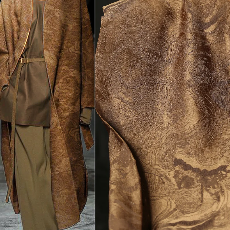 Golden Coffee Color Cloud Winding Green Mountain Texture Jacquard Chinese Style Jacket Horse Face Skirt Clothing Designer Fabric