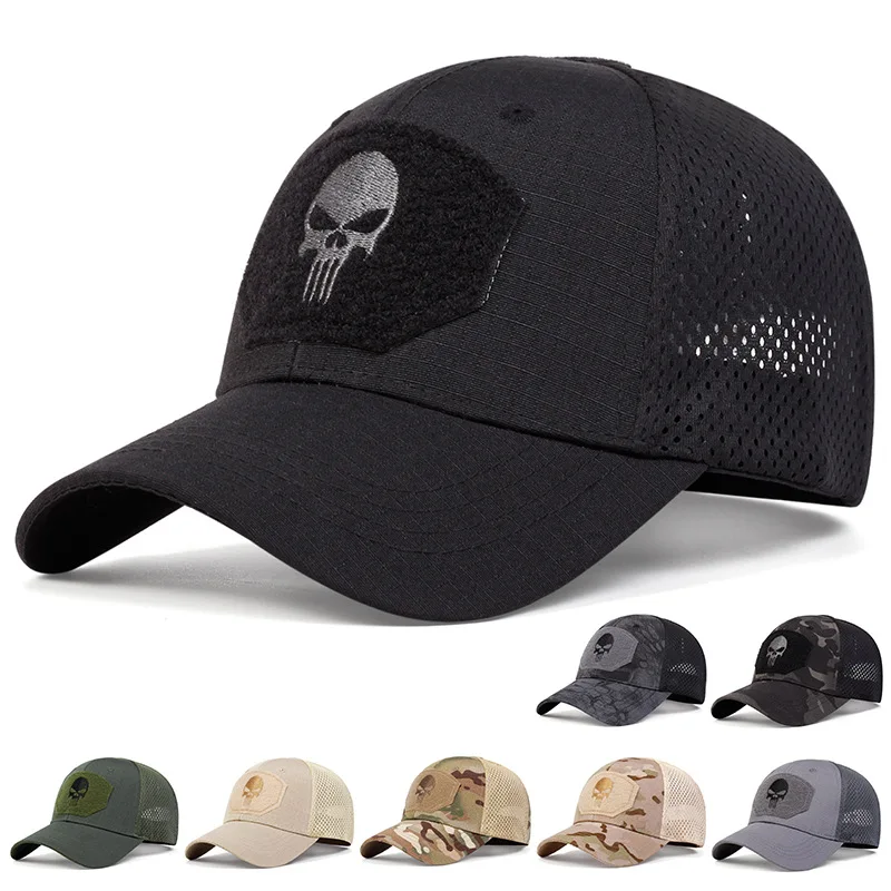 Top bordado de calavera Unisex a la moda con parche gorra de béisbol transpirable para fanáticos militares camuflaje al aire libre sombrero para el sol informal ajustable