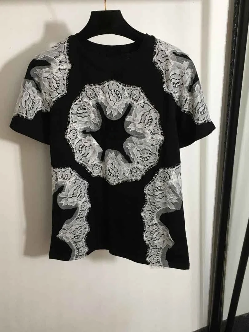 Fashionable Printed Short Sleeve T-Shirt Women's Lace Patchwork Versatile Casual Top Stylish round Neck Regular Length Summer