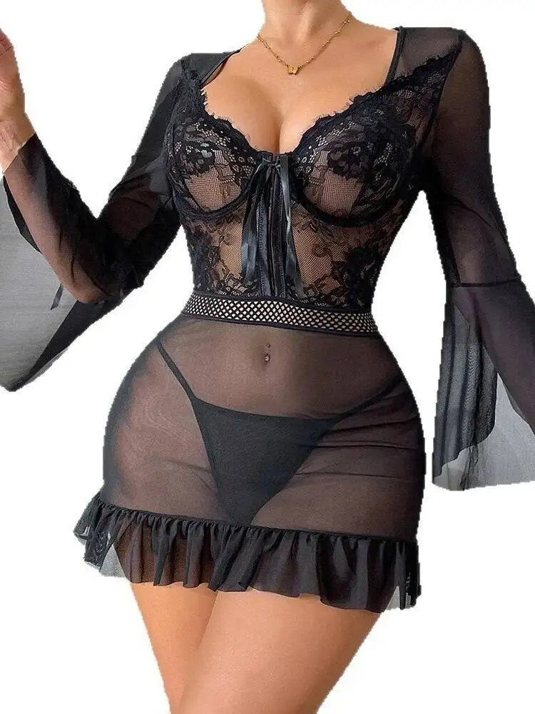 ชุดนอนแขนยาวผ้าลูกไม้ซีทรูแต่งผ้าตาข่าย ดีไซน์เซ็กซี่ คอวี โชว์สัดส่วน ชุดเดรสยาวคลุมสะโพก สวยหรู ดูมีเสน่ห์ รุ่น L9Z8