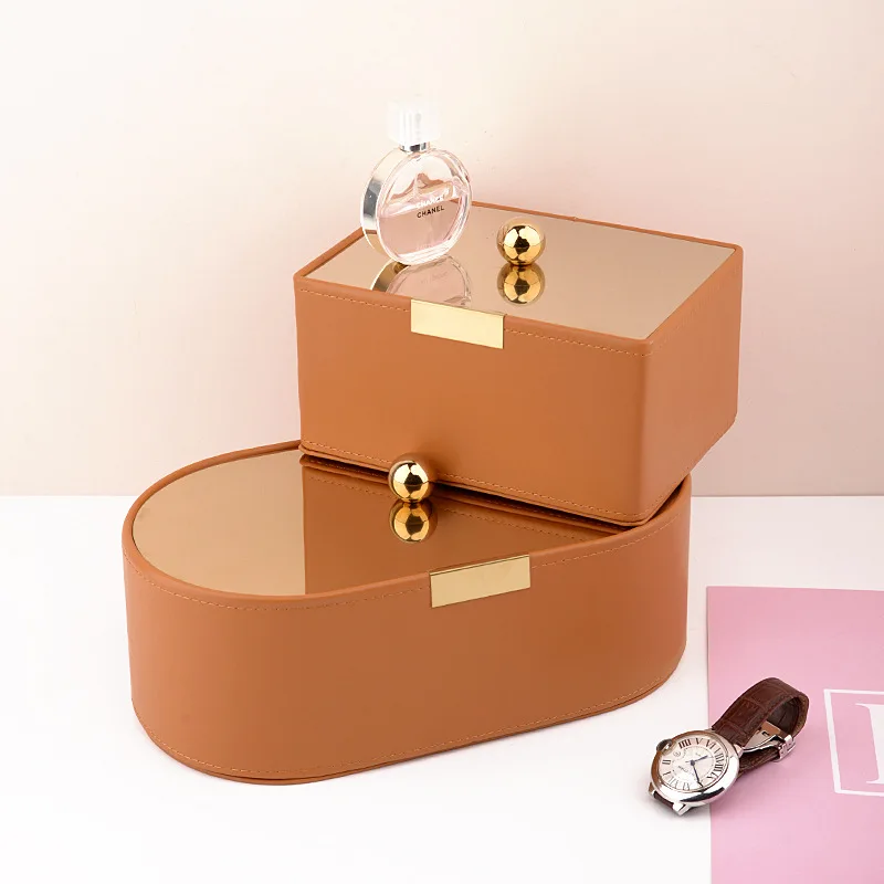 Leather storage box with lid, desk office storage basket, cosmetics organizer box, solid color storage box, table ornaments