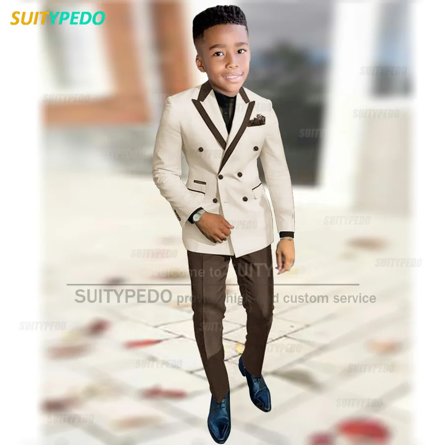 Tailor-made Boys Suit Sets Birthday Party Fashion Double Breasted Outfits Classic Children Slim Fit Beige Blazer Pants 2 Pieces