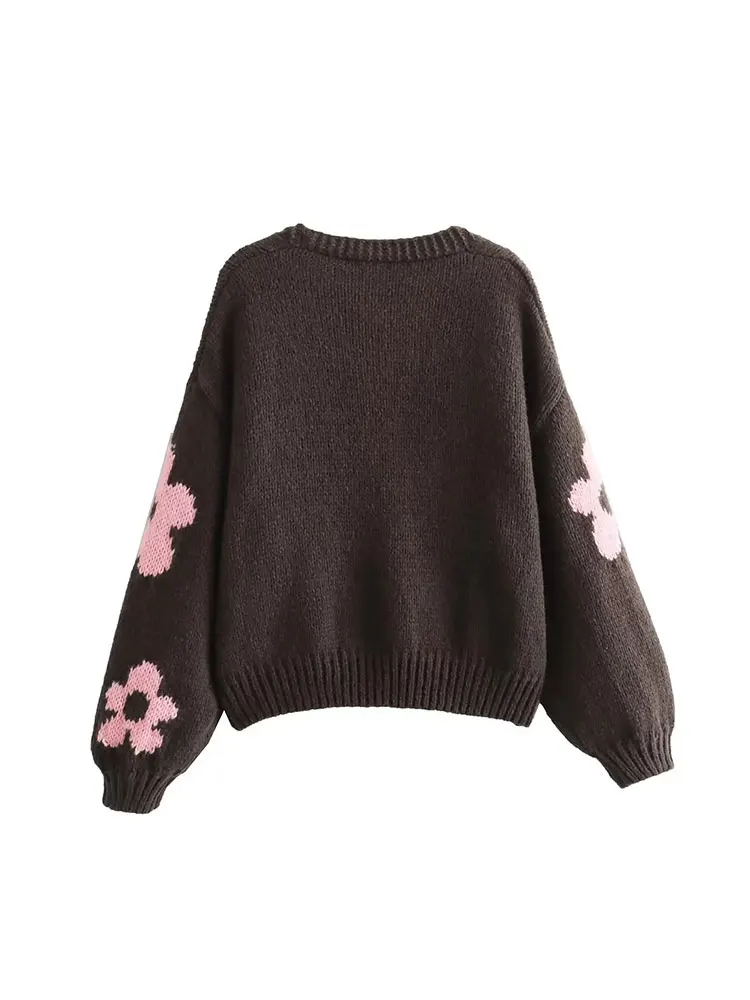 TRAF 2023 Winter Flower Jacquard Cardigan Women Long Sleeve Knitted Sweater Woman Button Short Autumn Sweaters