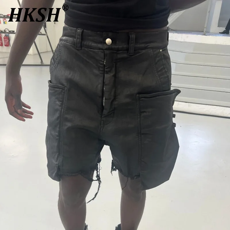 HKSH ฤดูร้อนใหม่ผู้ชาย Punk Capris Ro เคลือบแว็กซ์ล้างหลายกระเป๋า Casual อเนกประสงค์กางเกงยีนส์กางเกงขาสั้น Safari สไตล์ HK2316