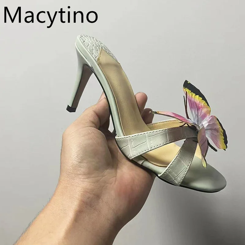 

2024 New Summer Butterfly Decoration Beautiful Thin Heel Open Toe Slippers Back Trip Strap Ladies High Heels