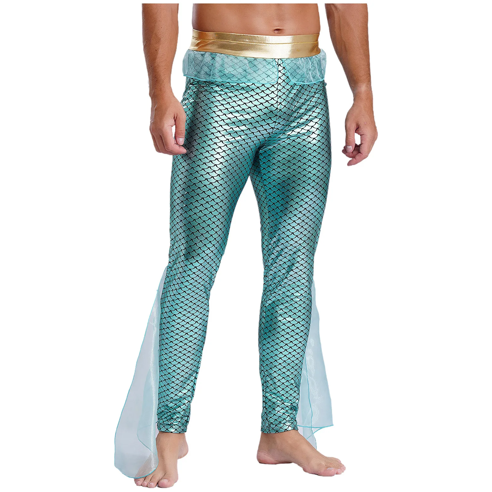 Mens Mermaid Seas King Costume Cosplay Mermaid Fish Scale Print Leggings Halloween Cosplay Outfit Metallic Shiny collant Pants